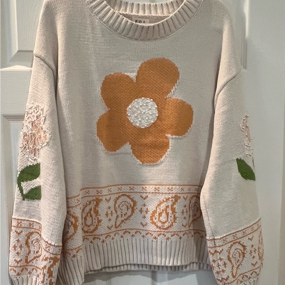 POL Sweaters - POL Cream and Orange lace appliqué Floral Sweater